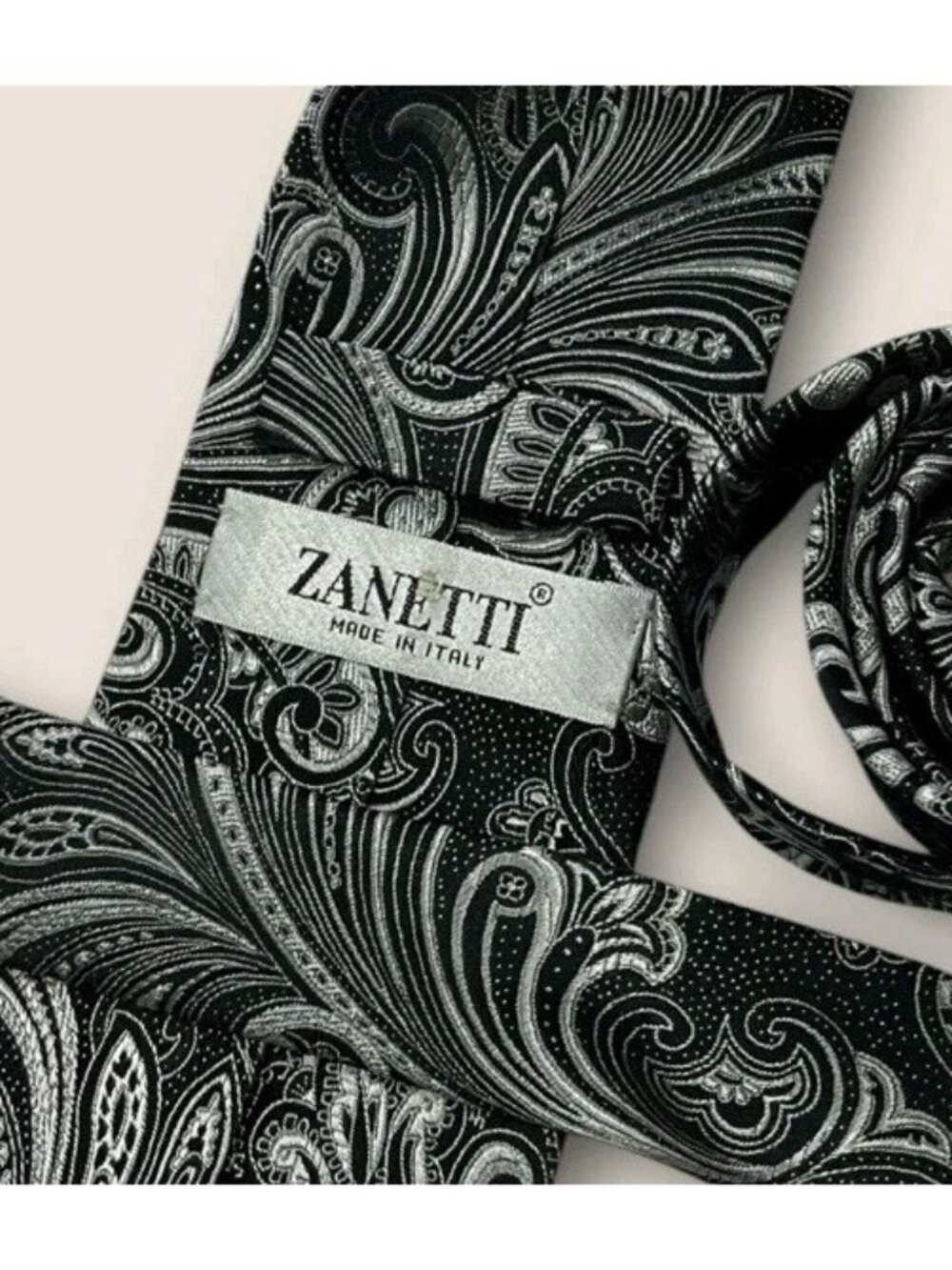 ZANETTI Silk Tie ITALY Black Silver Paisley W:3.5" - Picture 2 of 5